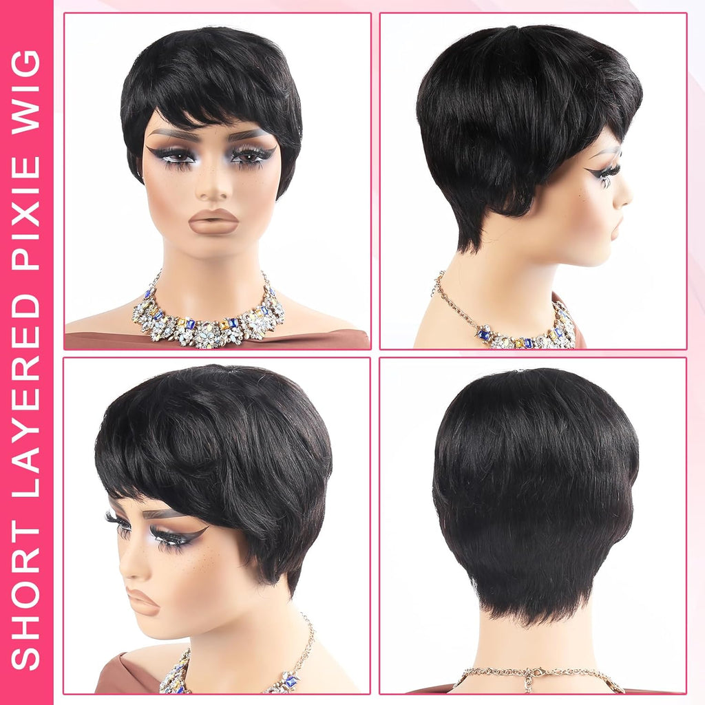 Short Layered Pixie Cut Wig Human Hair with Bangs Glueless None Lace Front Full Machine Made Wigs for Daily Use