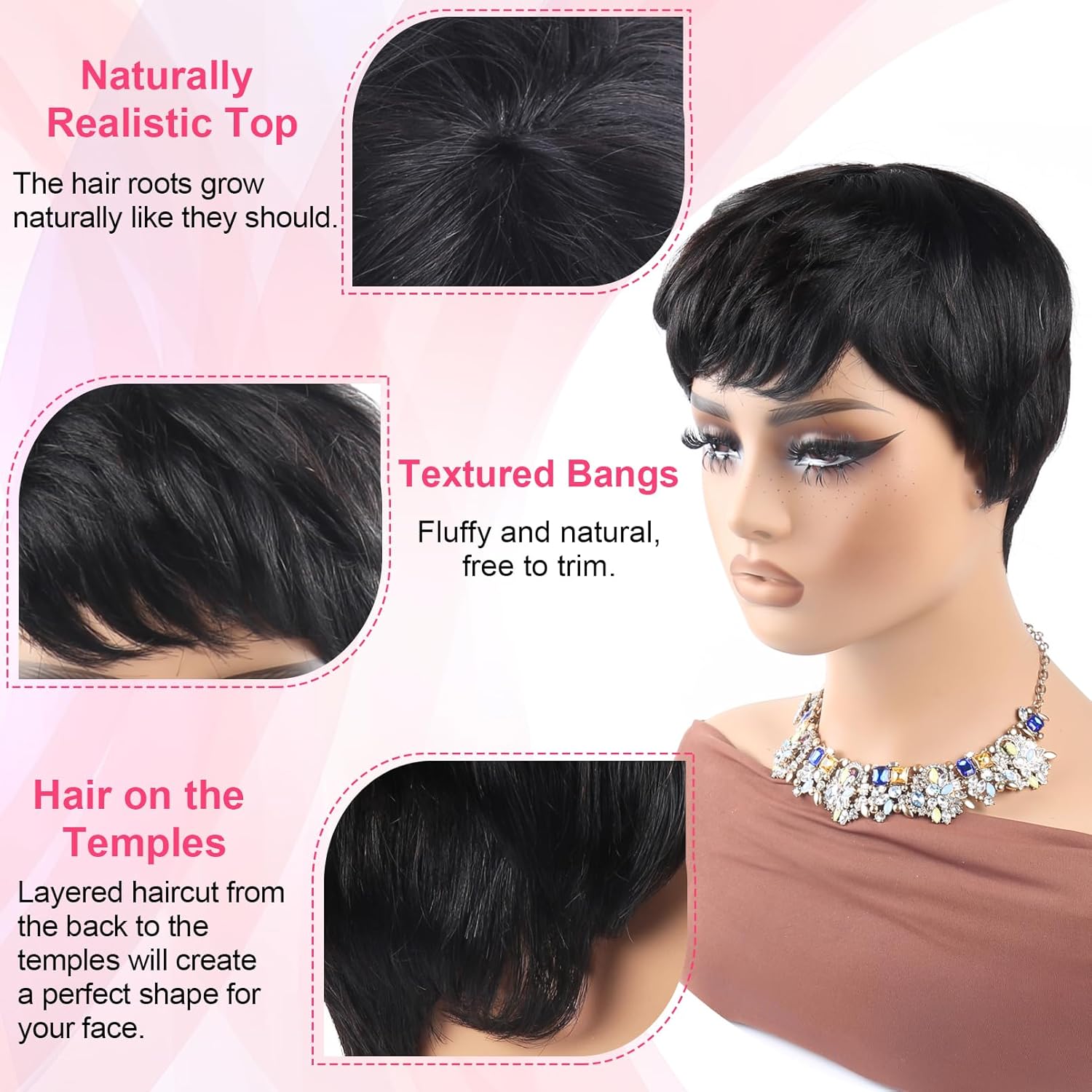 Short Layered Pixie Cut Wig Human Hair with Bangs Glueless None Lace Front Full Machine Made Wigs for Daily Use