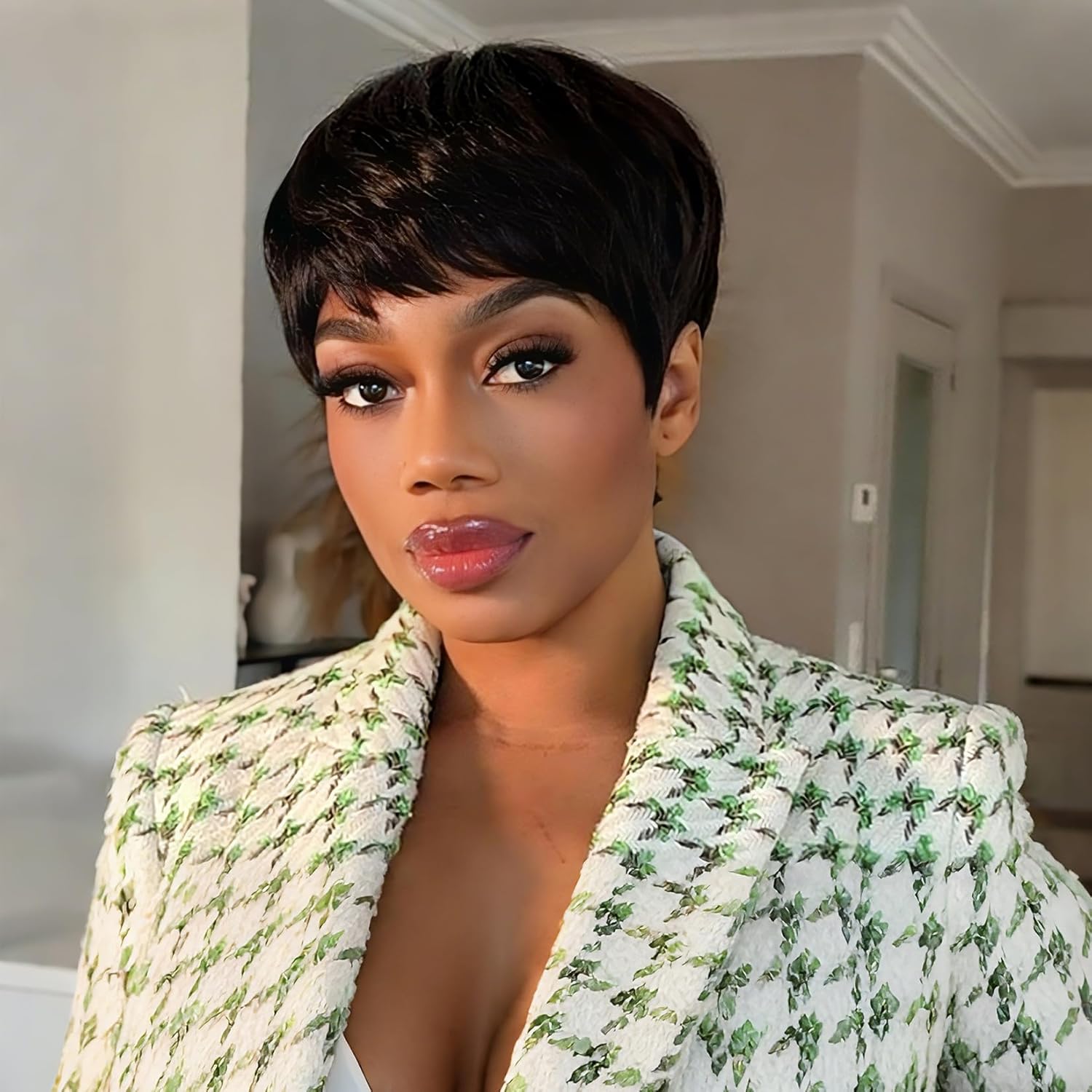 Short Layered Pixie Cut Wig Human Hair with Bangs Glueless None Lace Front Full Machine Made Wigs for Daily Use