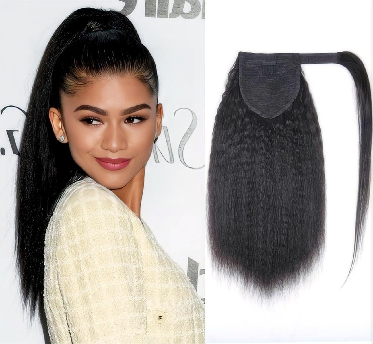 Kinky Straight Ponytail InvisiFit Strap Cap With Clip In 100% Human Hair