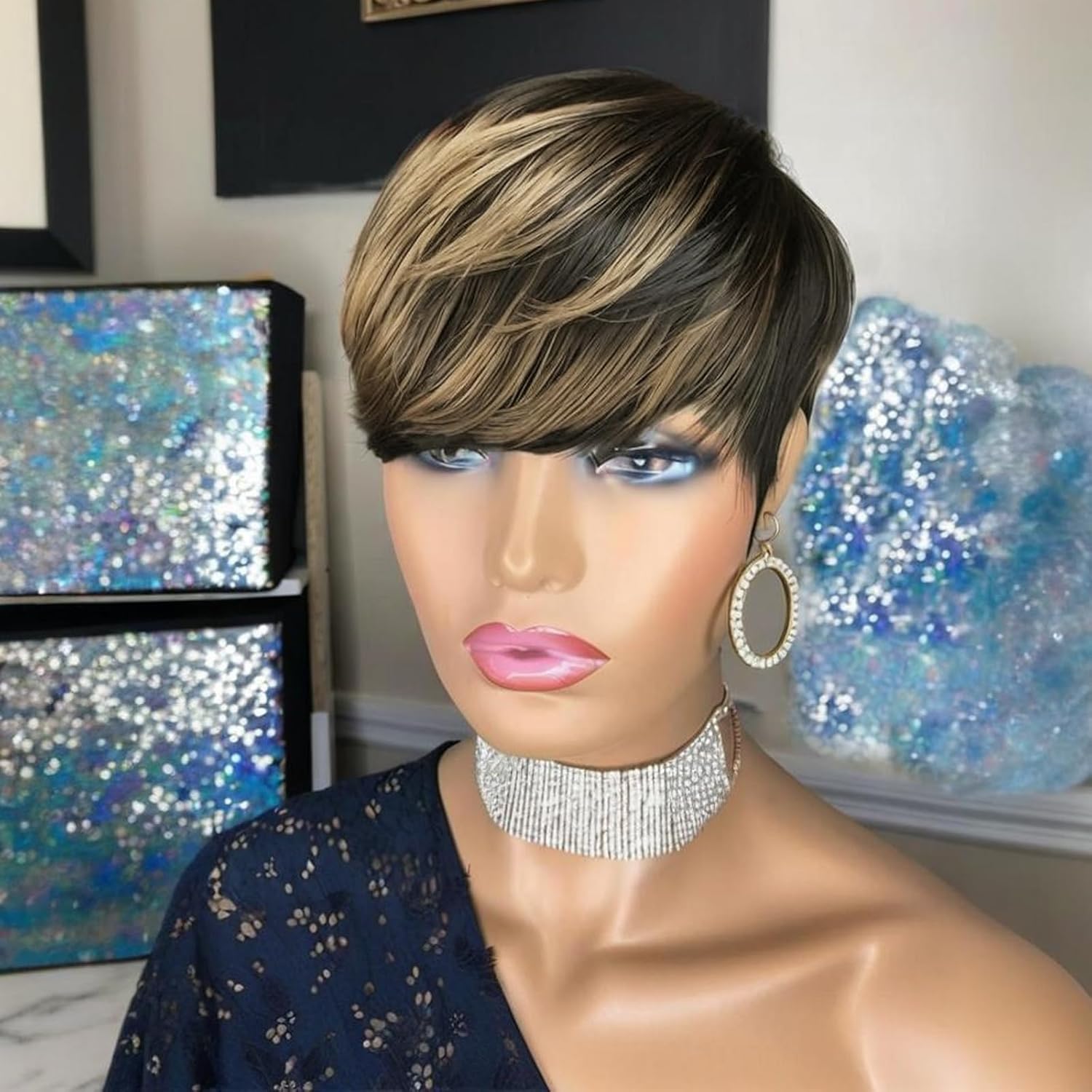 Short Layered Pixie Cut Wig Human Hair with Bangs Glueless None Lace Front Full Machine Made Wigs for Daily Use