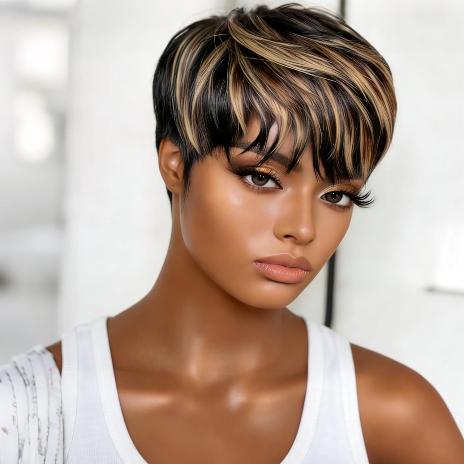 Short Layered Pixie Cut Wig Human Hair with Bangs Glueless None Lace Front Full Machine Made Wigs for Daily Use