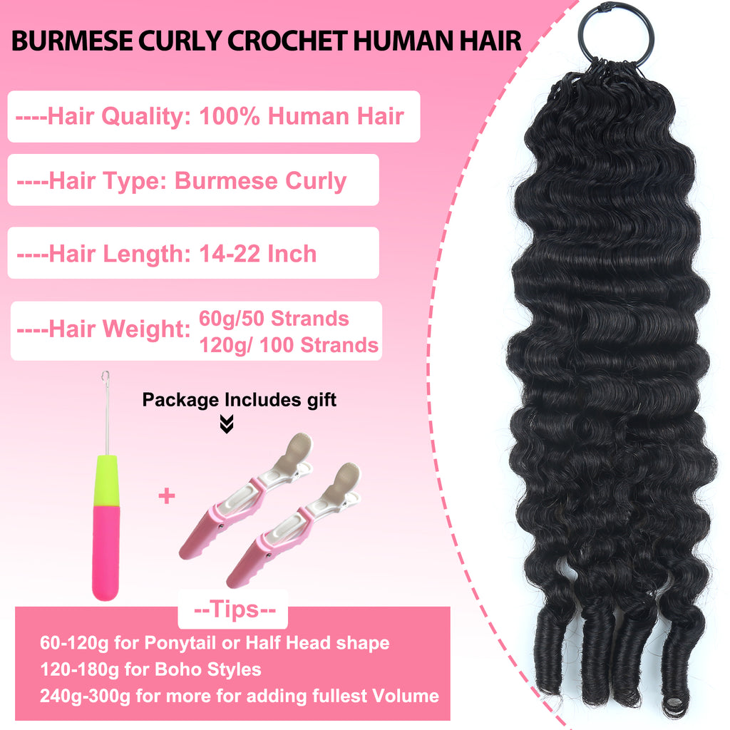 Burmese Curly Crochet Human Hair, Designed for Miracle Knots Boho Braids Plush Texture Time-Saving Wear 60g/pack