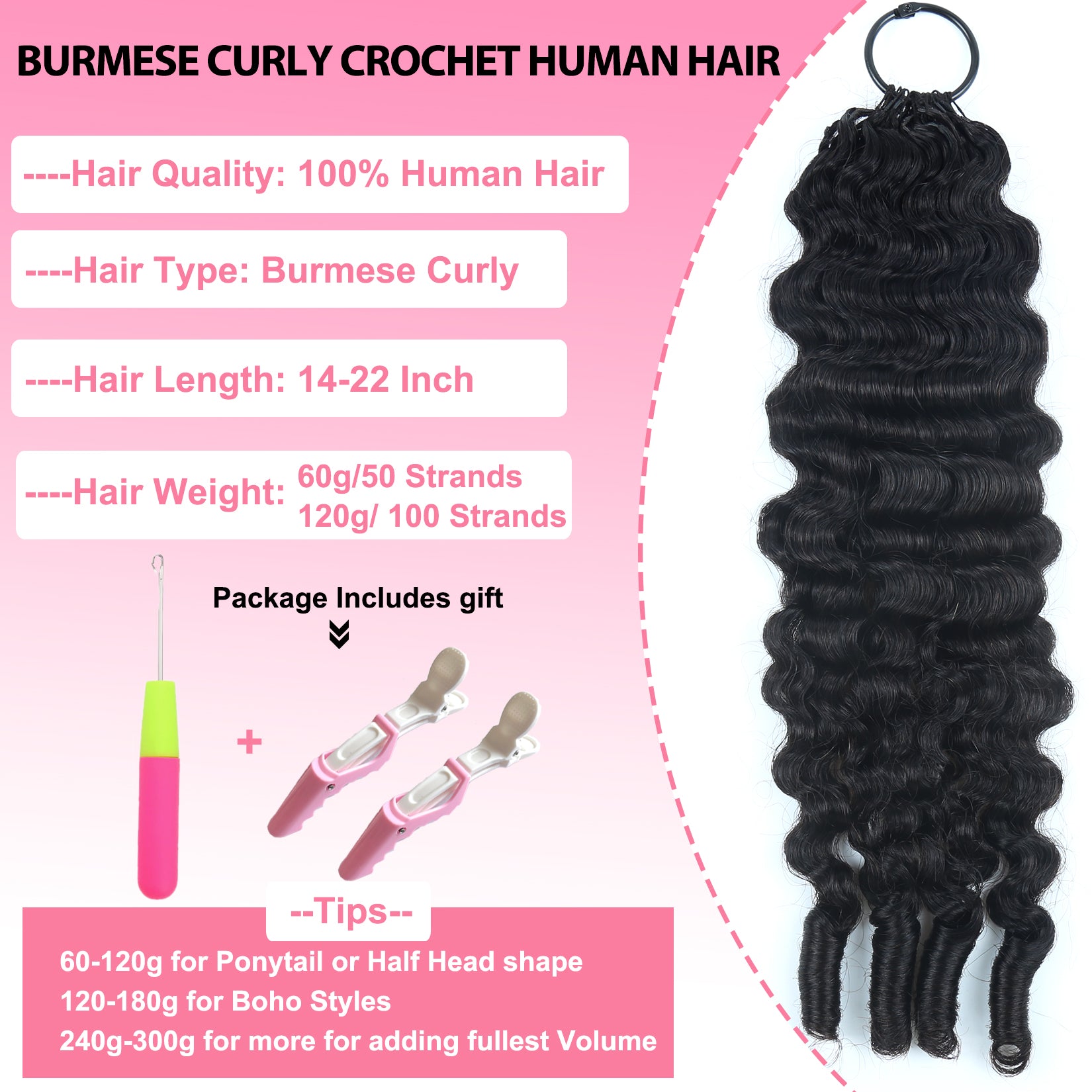Burmese Curly Crochet Human Hair, Designed for Miracle Knots Boho Braids Plush Texture Time-Saving Wear 60g/pack