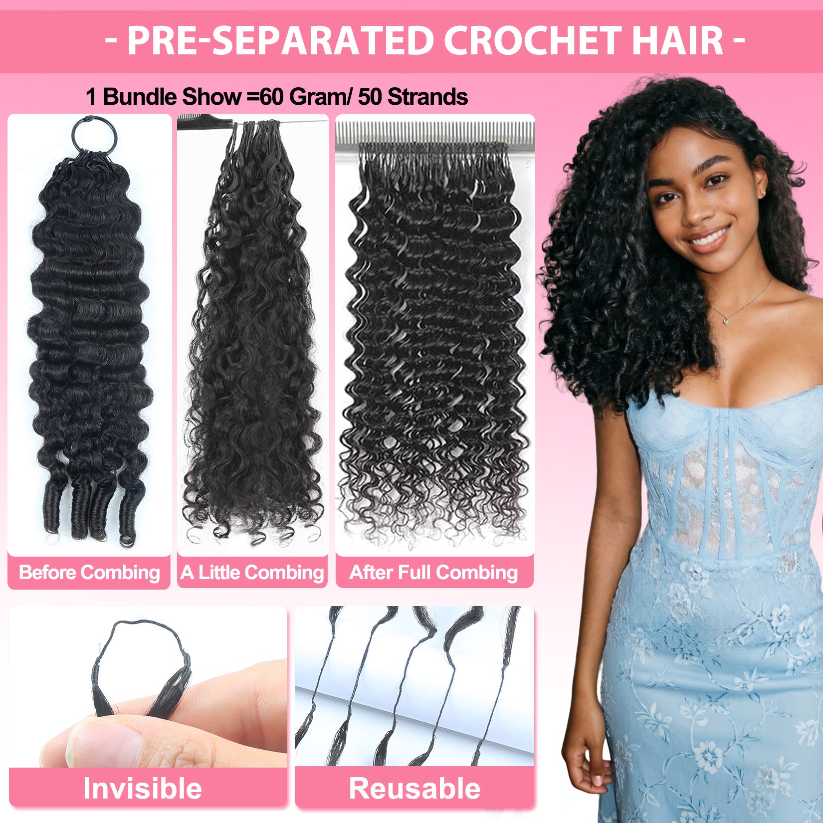 Burmese Curly Crochet Human Hair, Designed for Miracle Knots Boho Braids Plush Texture Time-Saving Wear 60g/pack