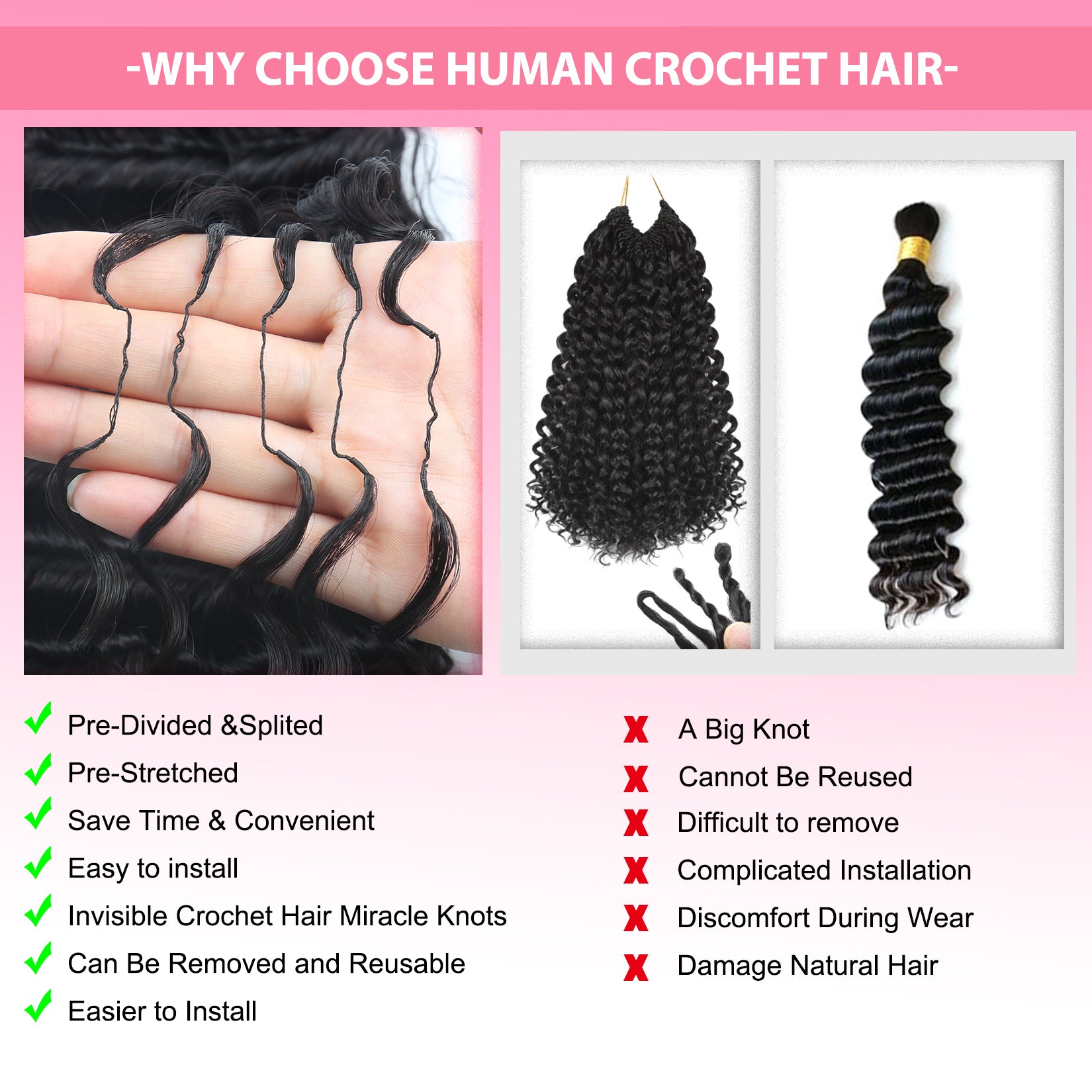Deep Curly Crochet Human Hair for Natural Boho Braids Miracle Knots Ready Time-Saving Pre-Separated