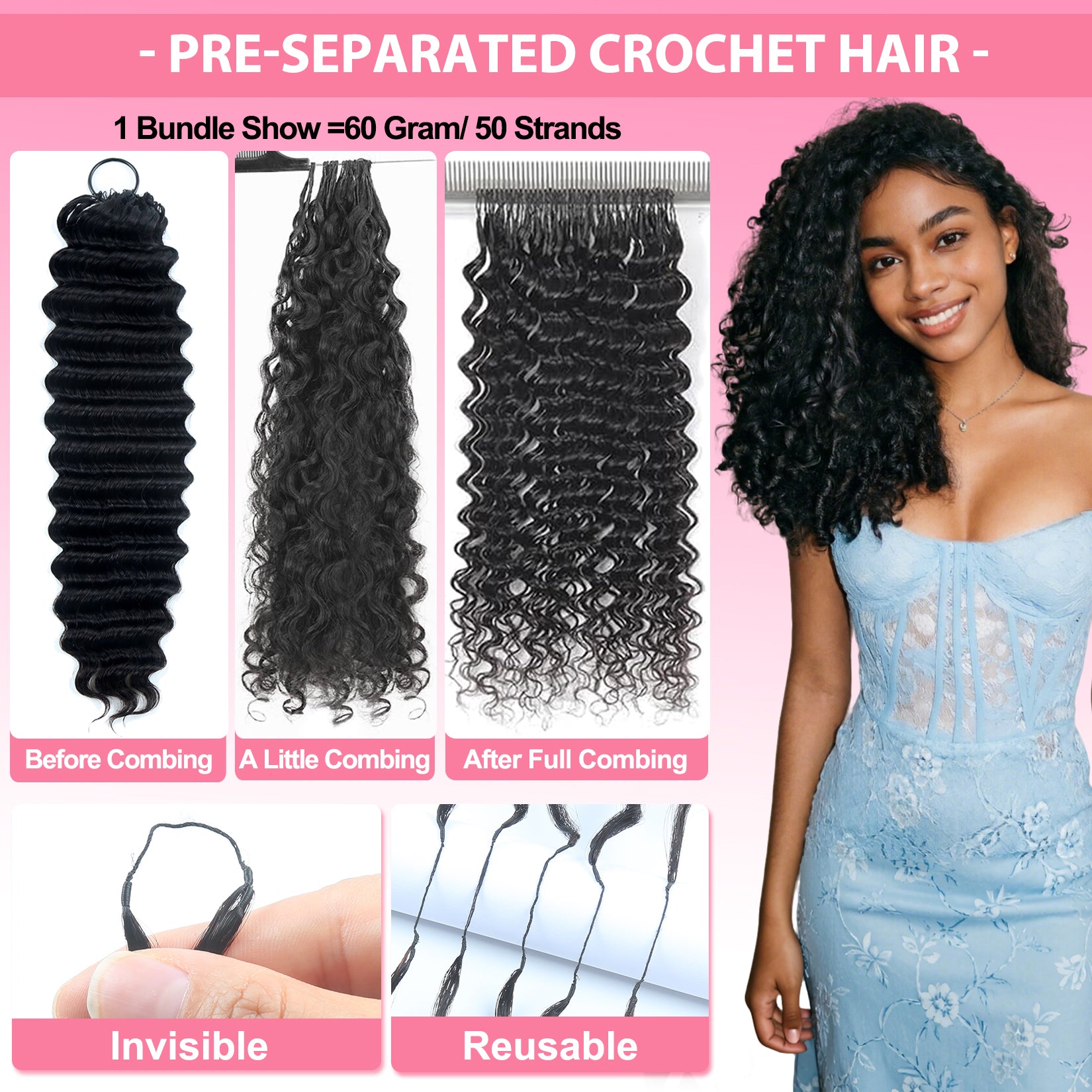 Deep Curly Crochet Human Hair for Natural Boho Braids Miracle Knots Ready Time-Saving Pre-Separated
