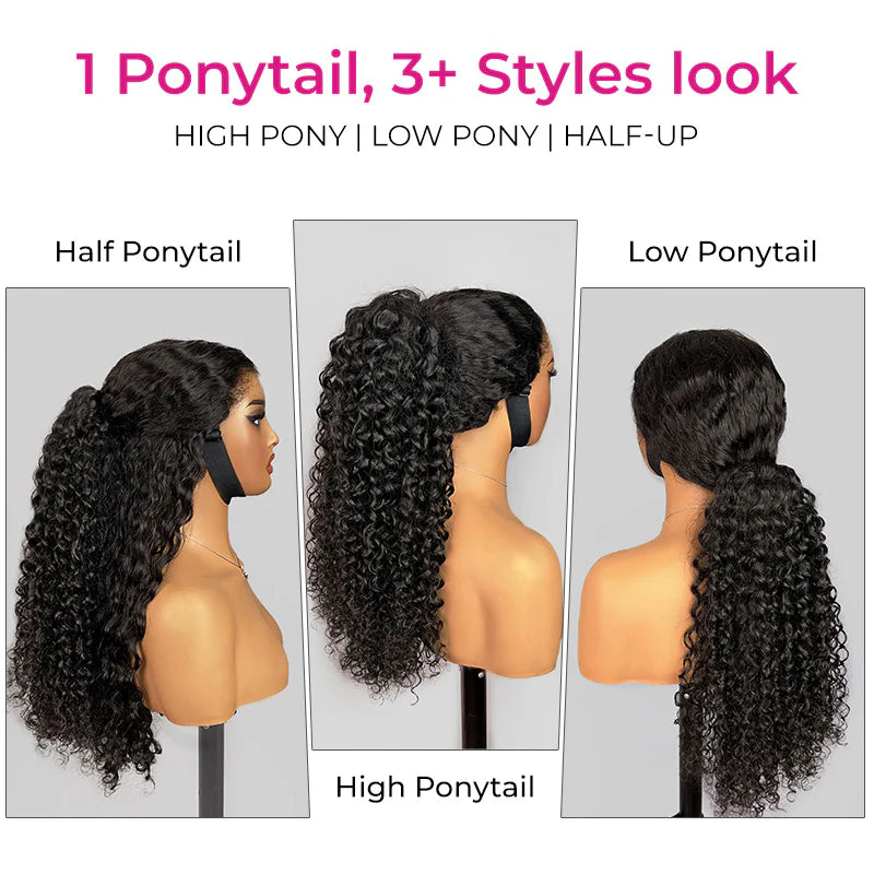Kinky Curly Ponytail InvisiFit Strap Cap With Clip In 100% Human Hair